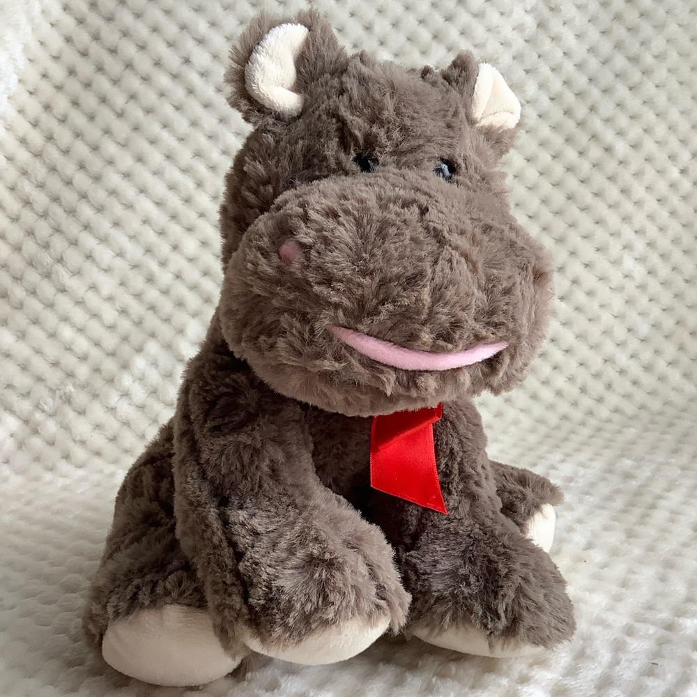 Hug Fun Grey Plush Hippo Red Bow Red Embroidered Heart on Tush Stuffed Animal
